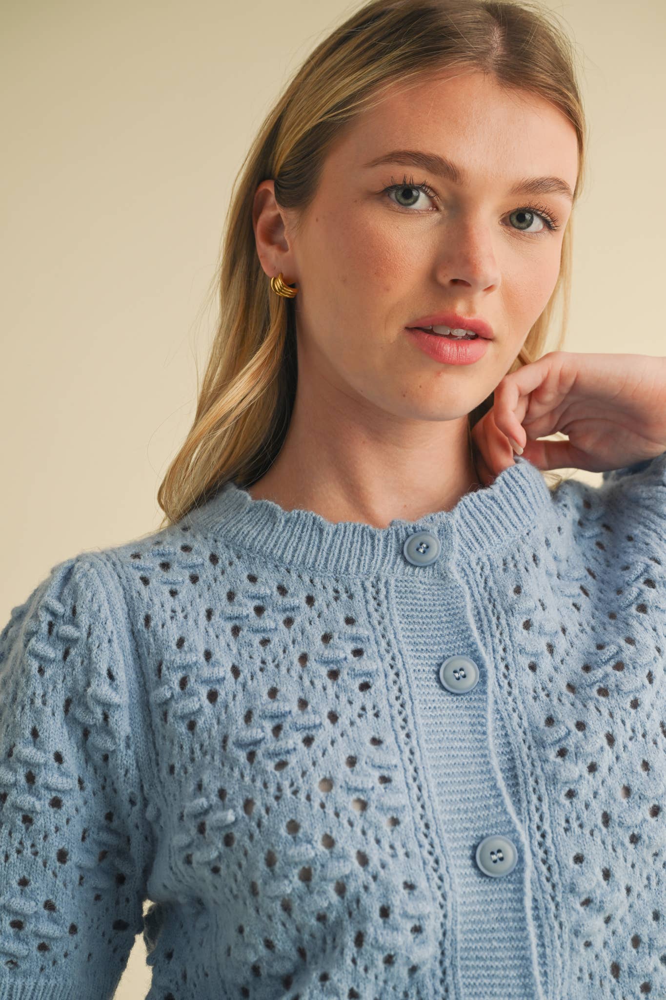 &MERCI - Wholesale Cardigan - Women's - CROPPED POINTELLE BUTTON DOWN SWEATER CARDIGAN MSW1085756