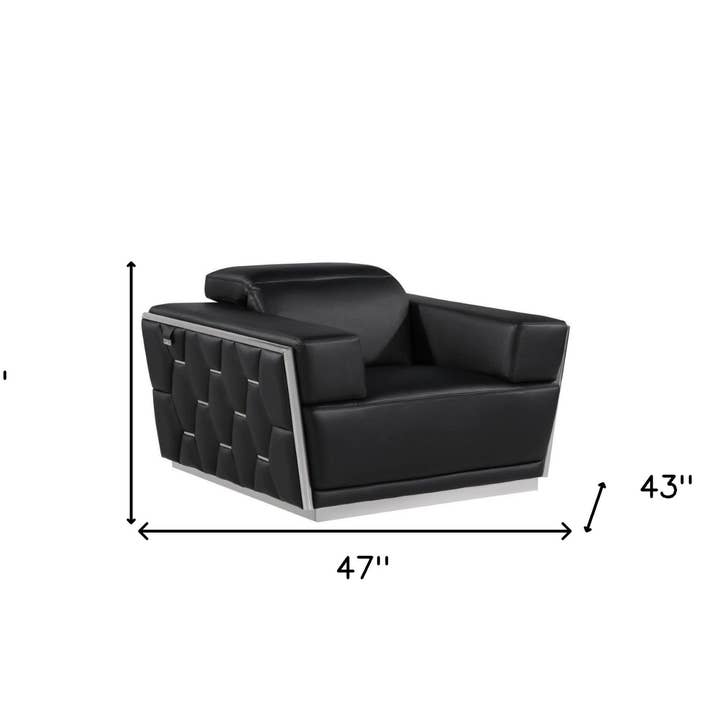 HomeRoots - Wholesale Chair - 47" Black and Silver Italian Leather Club Chair2