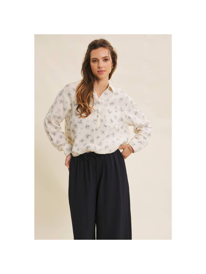 in february - Wholesale Button Down Shirt - Women's - FLORAL COTTON GAUZE OVERSIZED BUTTON-DOWN SHIRT