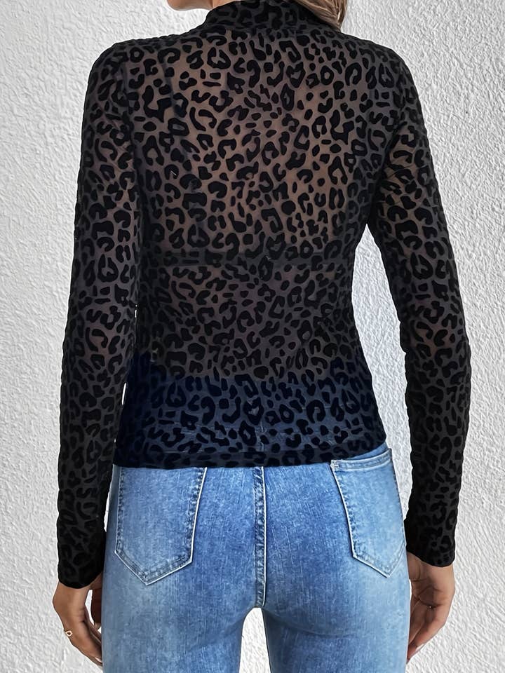 Black Sexy Stand-Up Collar Leopard Print Mesh Long-Sleeved Top for wholesale on Faire1