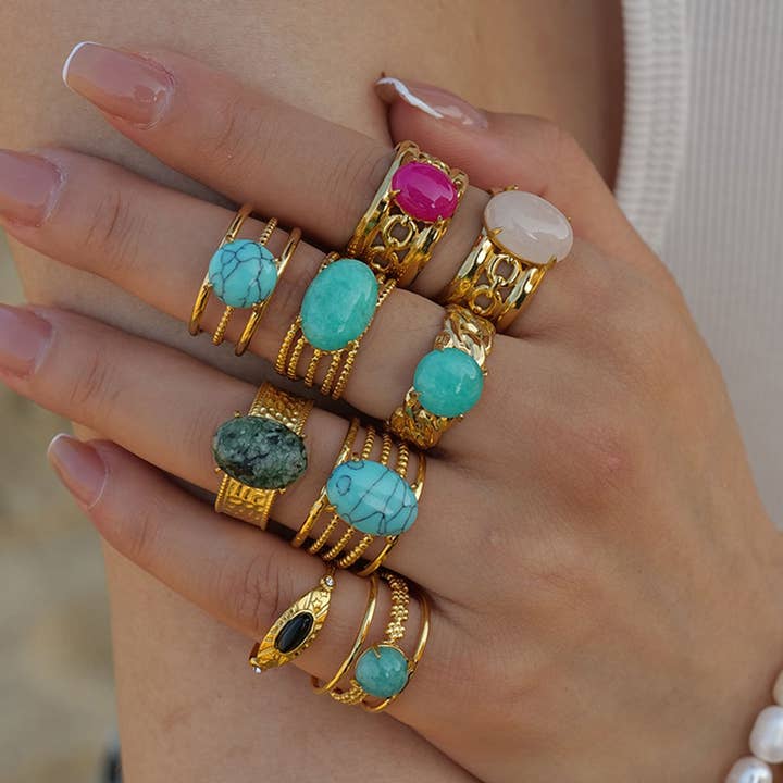 ACCITY - Wholesale Single Stone/Solitaire Ring - STAINLESS STEEL NATURAL STONE RINGS_TURQUOISE_CWAJE0615