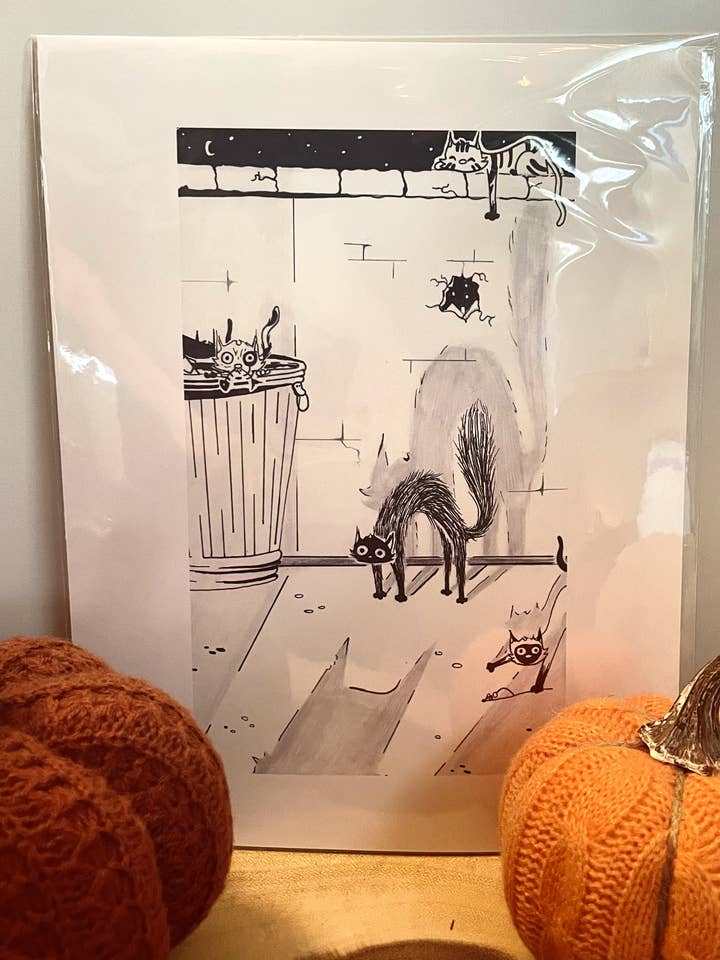 Scaredy Cat Print, Pen Drawing, Wall Art, Animal Print for wholesale by Burning Branches Creatives
