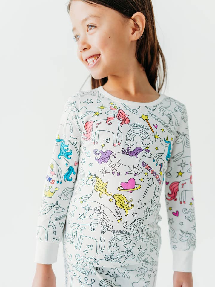 Unicorn Coloring Pajamas 2 piece set made from Bamboo for wholesale by Bee Colorful Co.