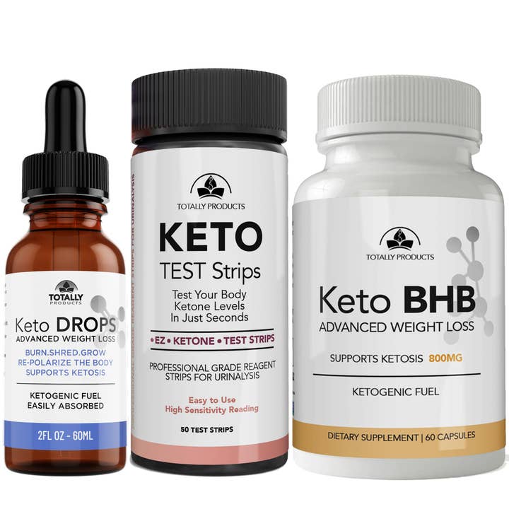 Pack combo Advanced Keto Drops, bandelettes Keto et capsules Keto BHB pour la vente par Totally Products
