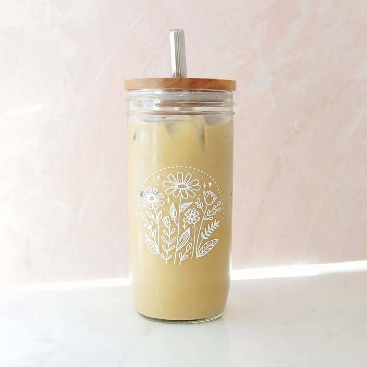Forest Cove Home - Wholesale Drinking Glass/Cup - Wild Flowers Floral 22 oz Glass Tumbler + Top + Straw