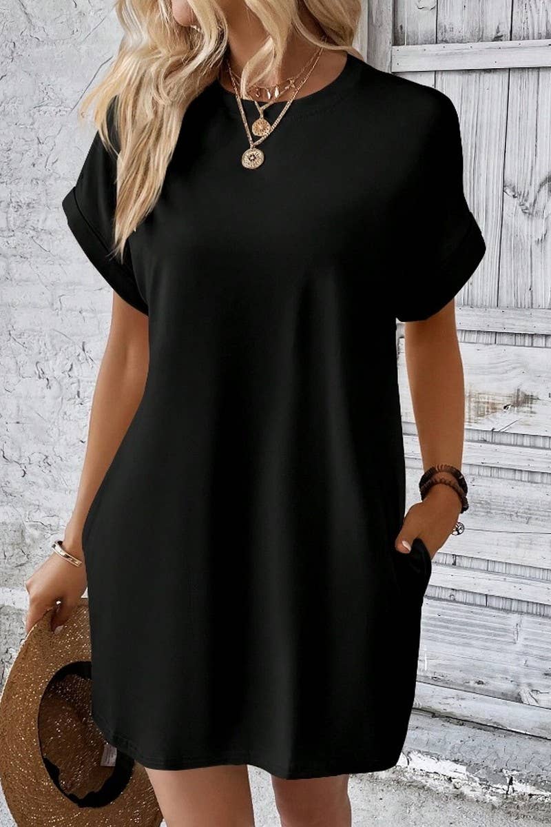 NINEXIS - Vente Robe – femme - CWDSD3628_ROBE COURTE À COL ROND ET POCHES AMPLES DE COULEUR UNIE20