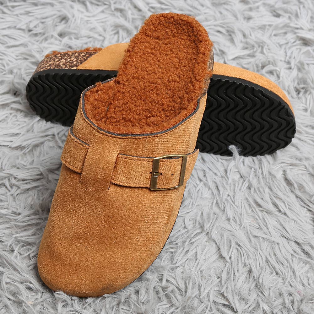 Sensibling Corp. - Vente Chaussons – femme - Mules Sabots en Suédine à Boucle en Fausse Fourrure Solide12