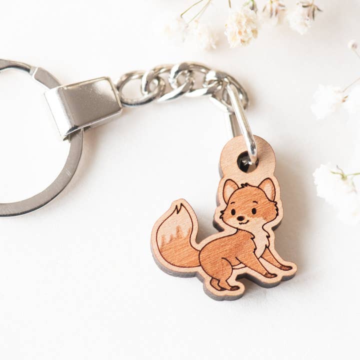 Fox (walking) Cherry Wood Keyring -KL20034 for wholesale by Robin Valley