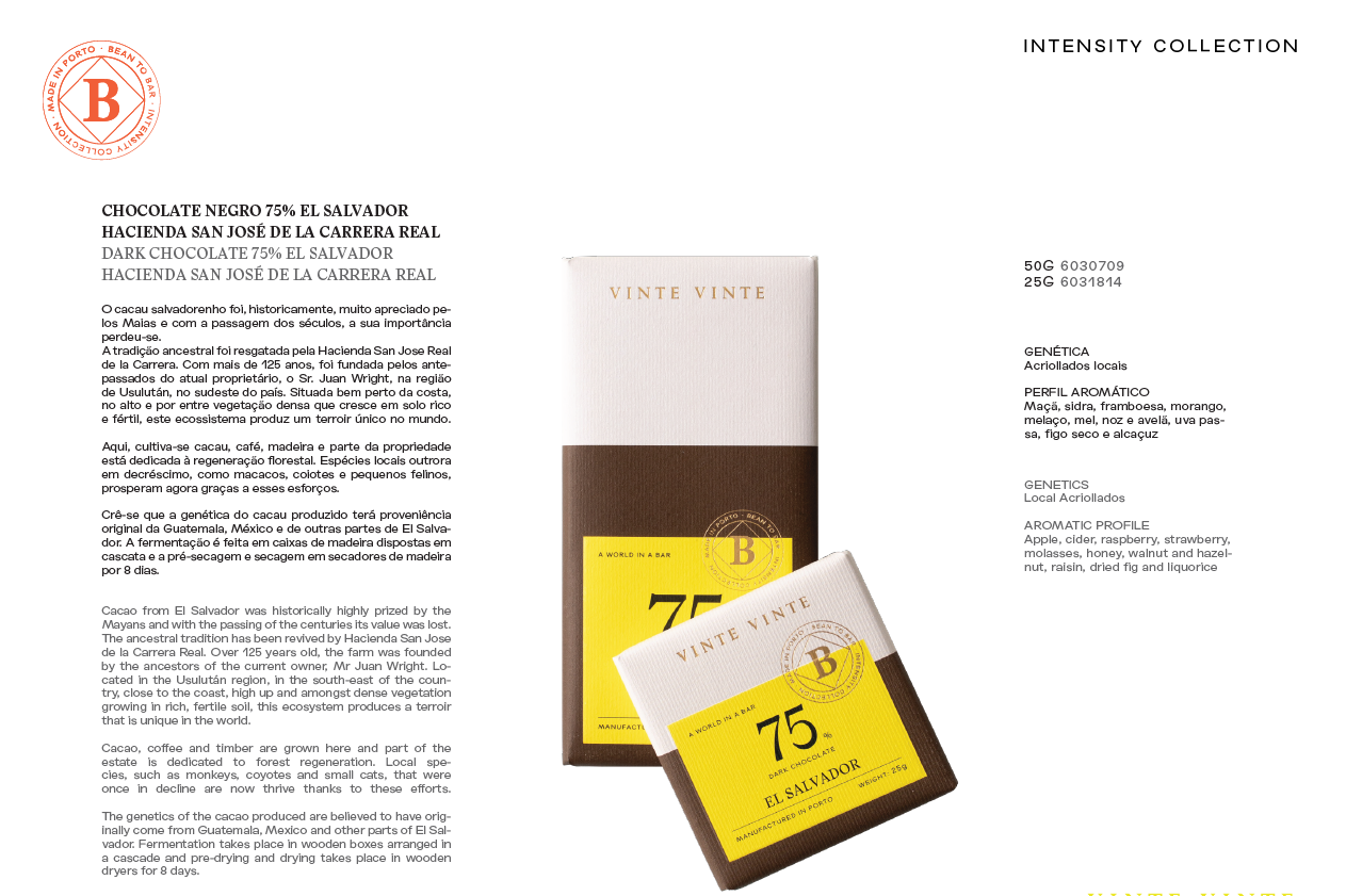 Vinte Vinte Chocolate - Wholesale Chocolate Bar - INTENSITY DARK CHOCOLATE 75% EL SALVADOR 50G1