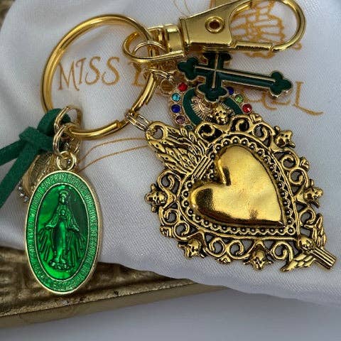 Miss DJ Angel - Wholesale Keychain - Women's - Virgin Mary sacred heart and cross keychain, gift for virgin mother, virgin charm miraculous medal, ex-voto cross keychain