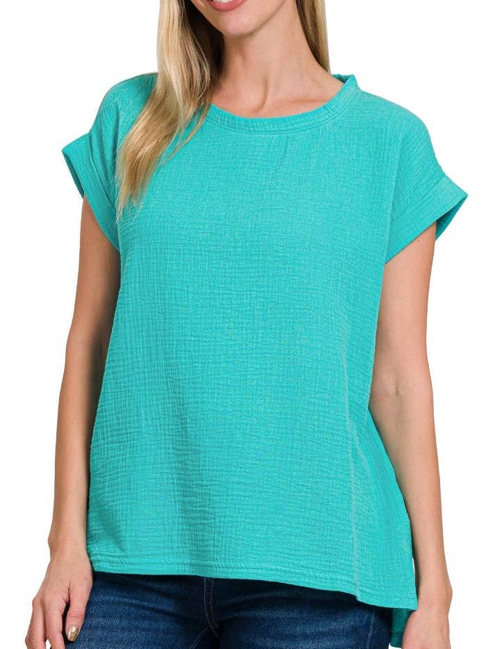 Rundhalset top med foldede korte ærmer for engroshandel hos Vanilla Monkey