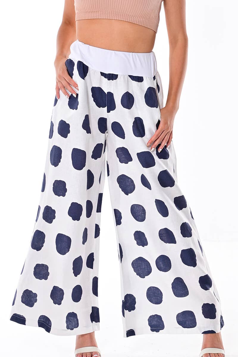 Azucar & Bohio - Wholesale Pants - Women's - Ladies Linen Wide Leg Pants Polka-Dot Print/Cloud by AZUCAR0