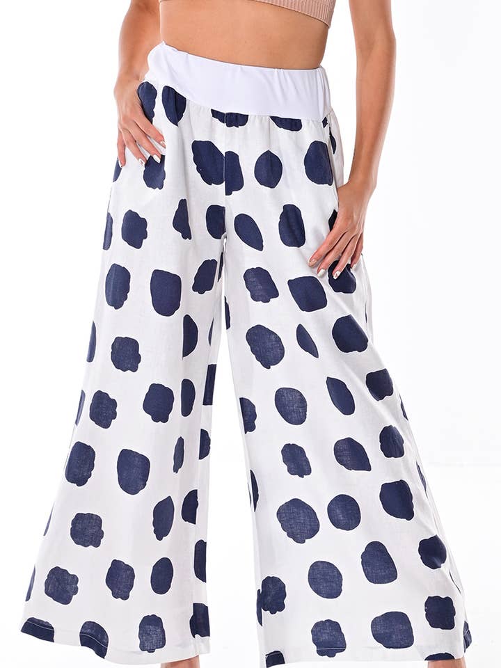 Ladies Linen Wide Leg Pants Polka-Dot Print/Cloud by AZUCAR for wholesale by Azucar & Bohio