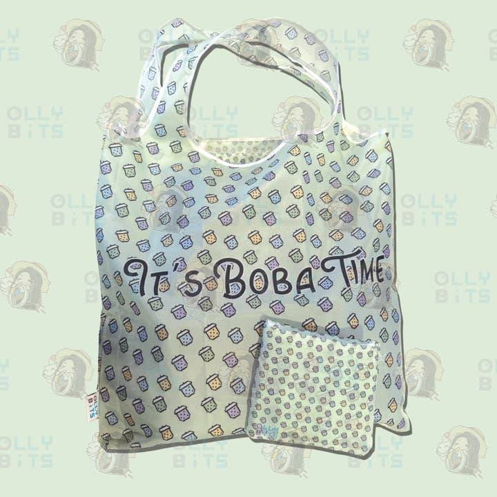 Pixel Boba Foldable Reusable Tote Bag for wholesale by Ollybits Pixel Art