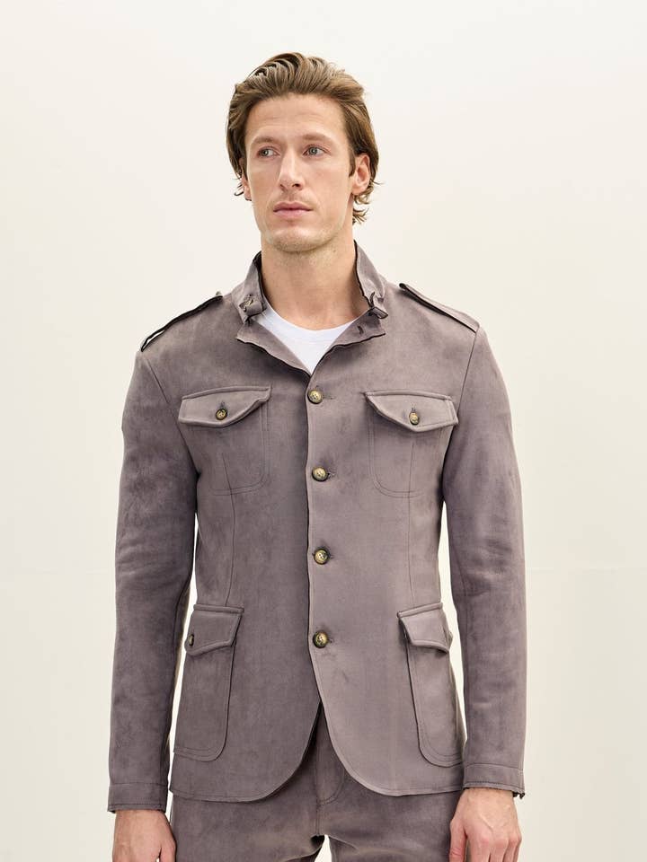 Men's Faux Suede Safari Jacket - Grey for wholesale by Ron Tomson