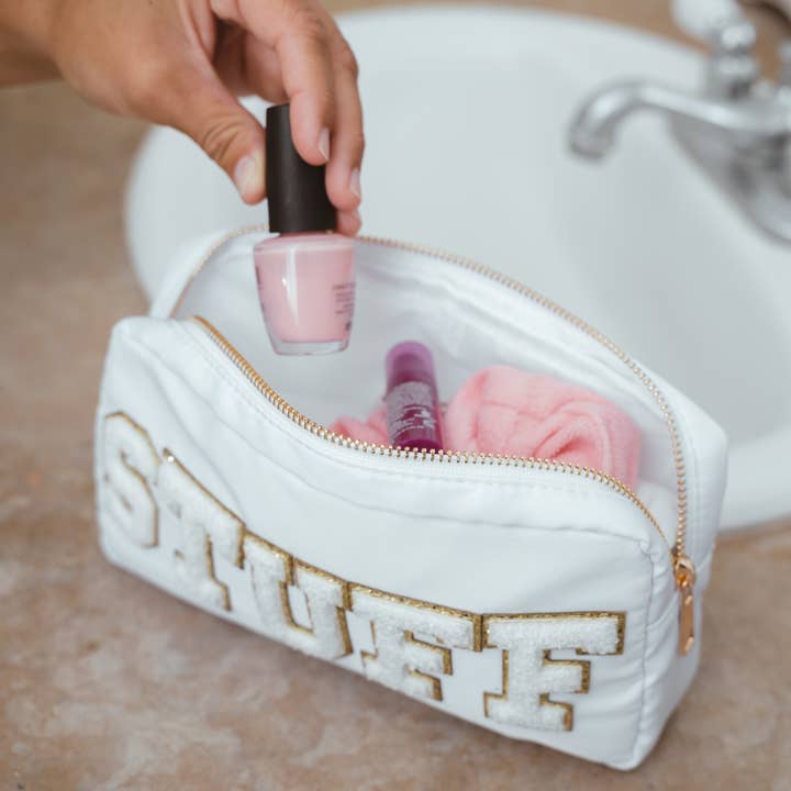 Natalia - Wholesale Makeup/Cosmetic Bag - Preppy Nylon Chenille Letter Travel Makeup Pouch - STUFF5