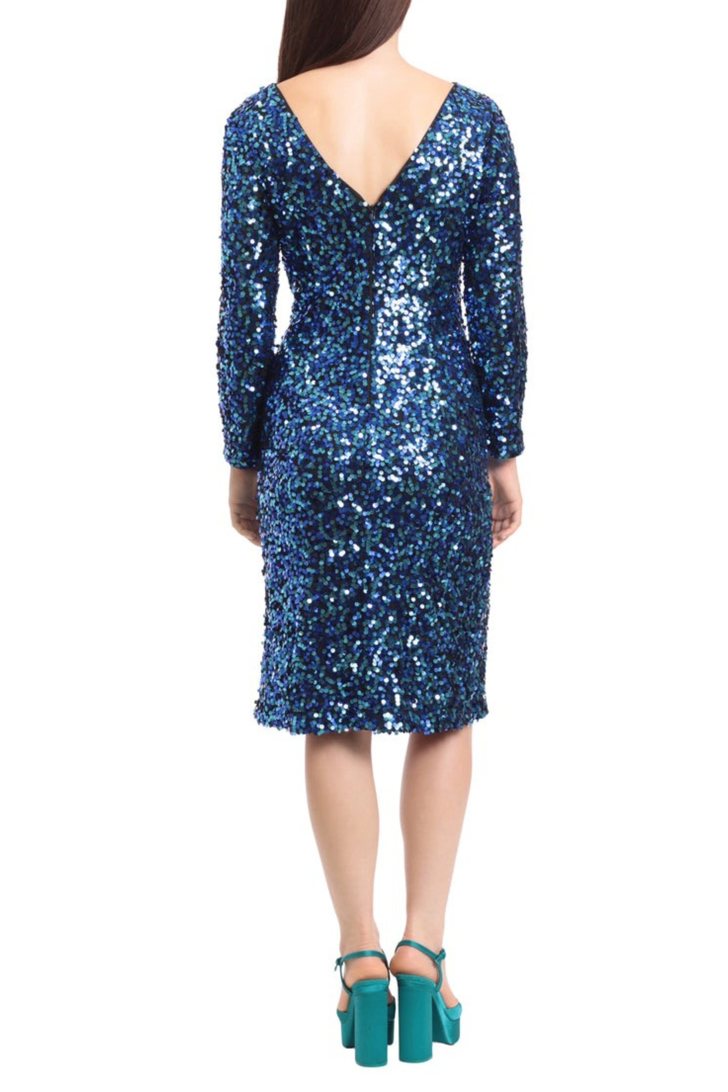 BLUE TEAL AQUA Maggy London Sequin Front Slit Long Sleeve Party Dress for wholesale on Faire1
