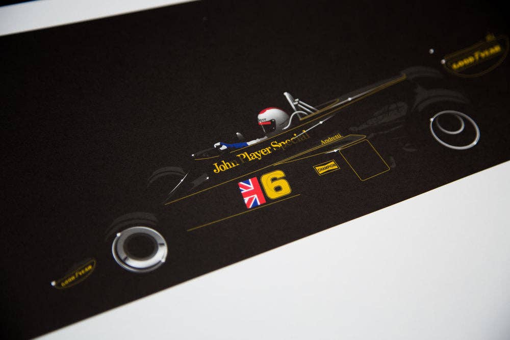 Ricardo Fine Car Artwork - Venta al por mayor Ilustración - Mario Andretti, Lotus 77, 19761