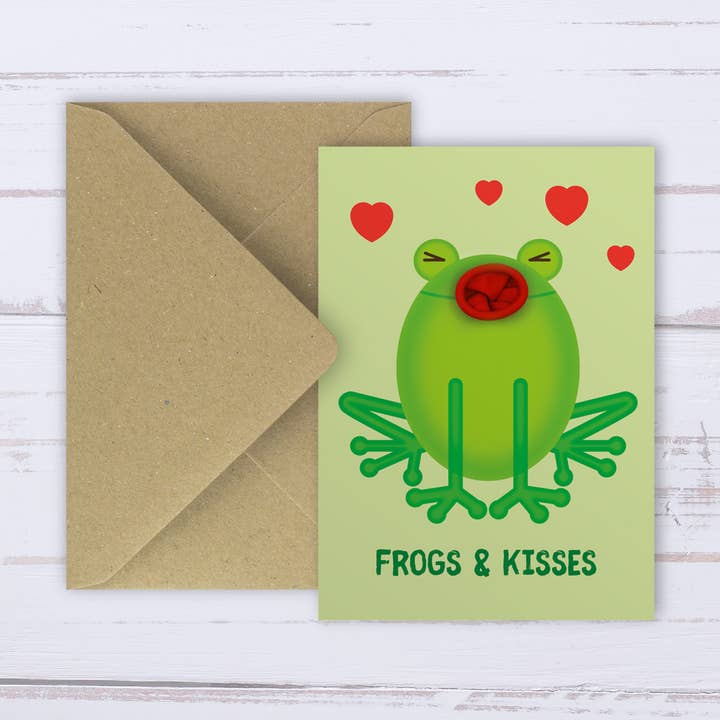 Anniversary / Valentines Frogs and Kisses balloon card for wholesale by Designed by Islay