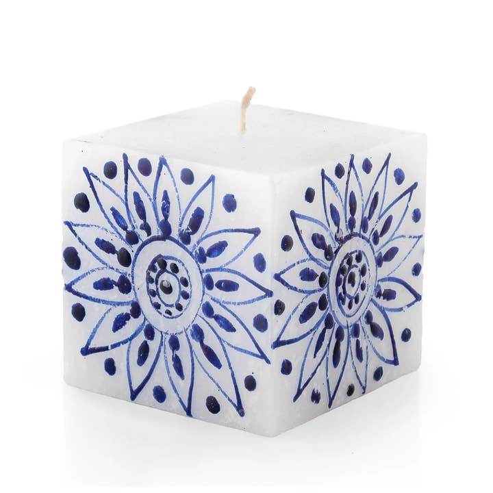 Thumbprint Artifacts - Wholesale Tapered Candle/Candlestick - Henna Blue on White Candle5