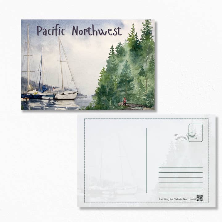 Ansichtkaart geïnspireerd door de Pacific Northwest, Aquarel Kunstcadeau voor wholesale door CMarie Northwest