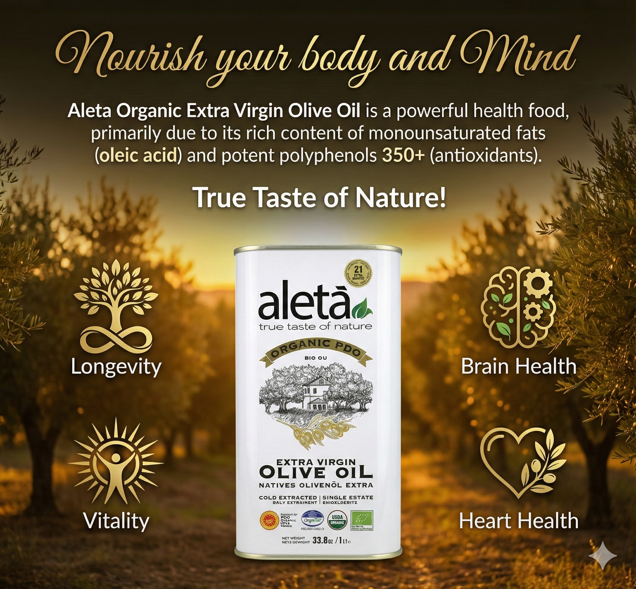 ELLORA FARMS - Wholesale Olive Oil - Aleta Organic Single Estate PDO Extra Virgin Olive Oil, 1 LT4