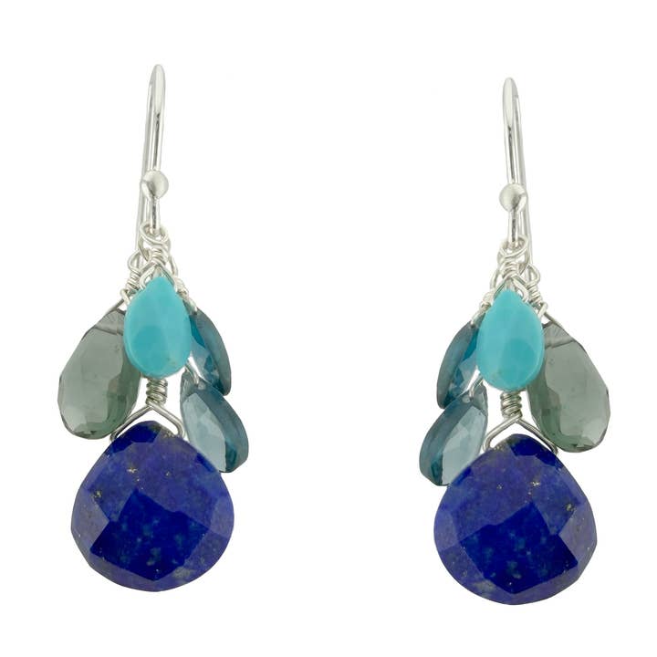 turquoise, lapis, blue topaz cluster earrings for wholesale by Philippa Roberts