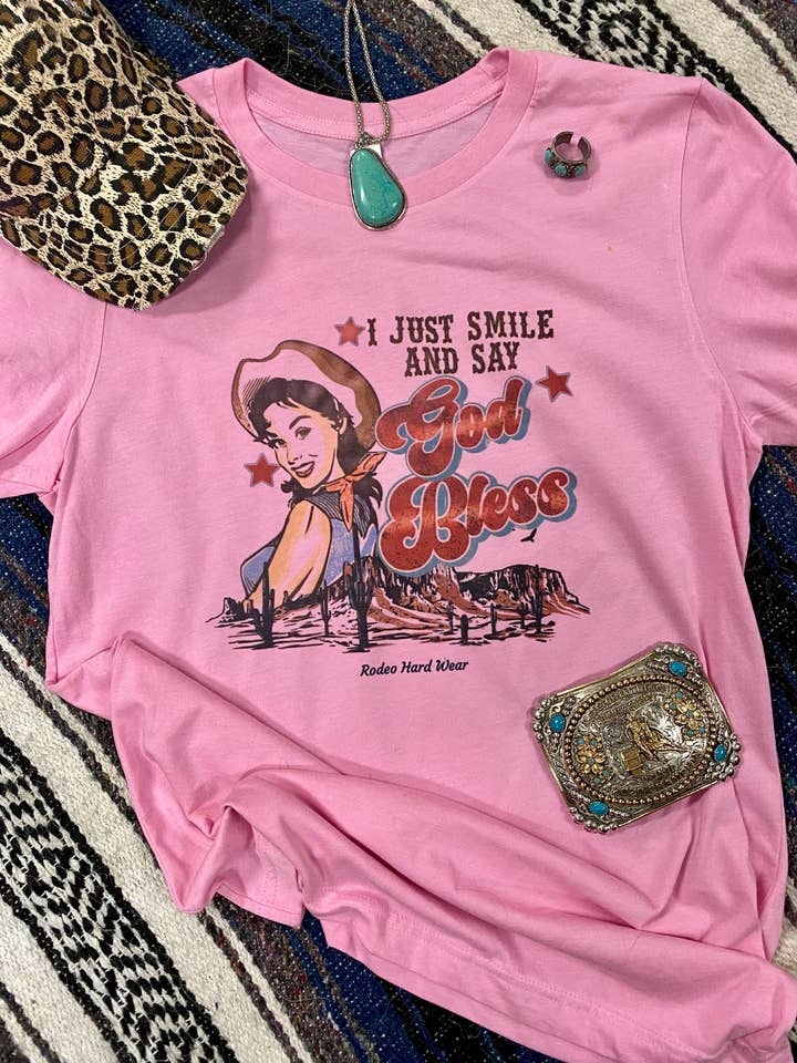 Just Smile and Say God Bless Western Graphic Tee | Rodeo Tee for wholesale by Rowdy Rowels