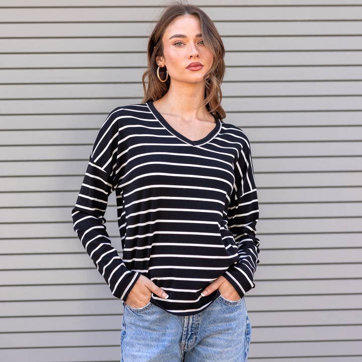 Les Amis - Wholesale Knit Top - Women's - Striped V-Neck Knit Top