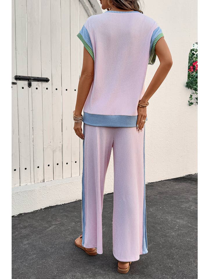 Pink Colorblock Patchwork Short Sleeve Top and Wide Leg Pants for wholesale on Faire