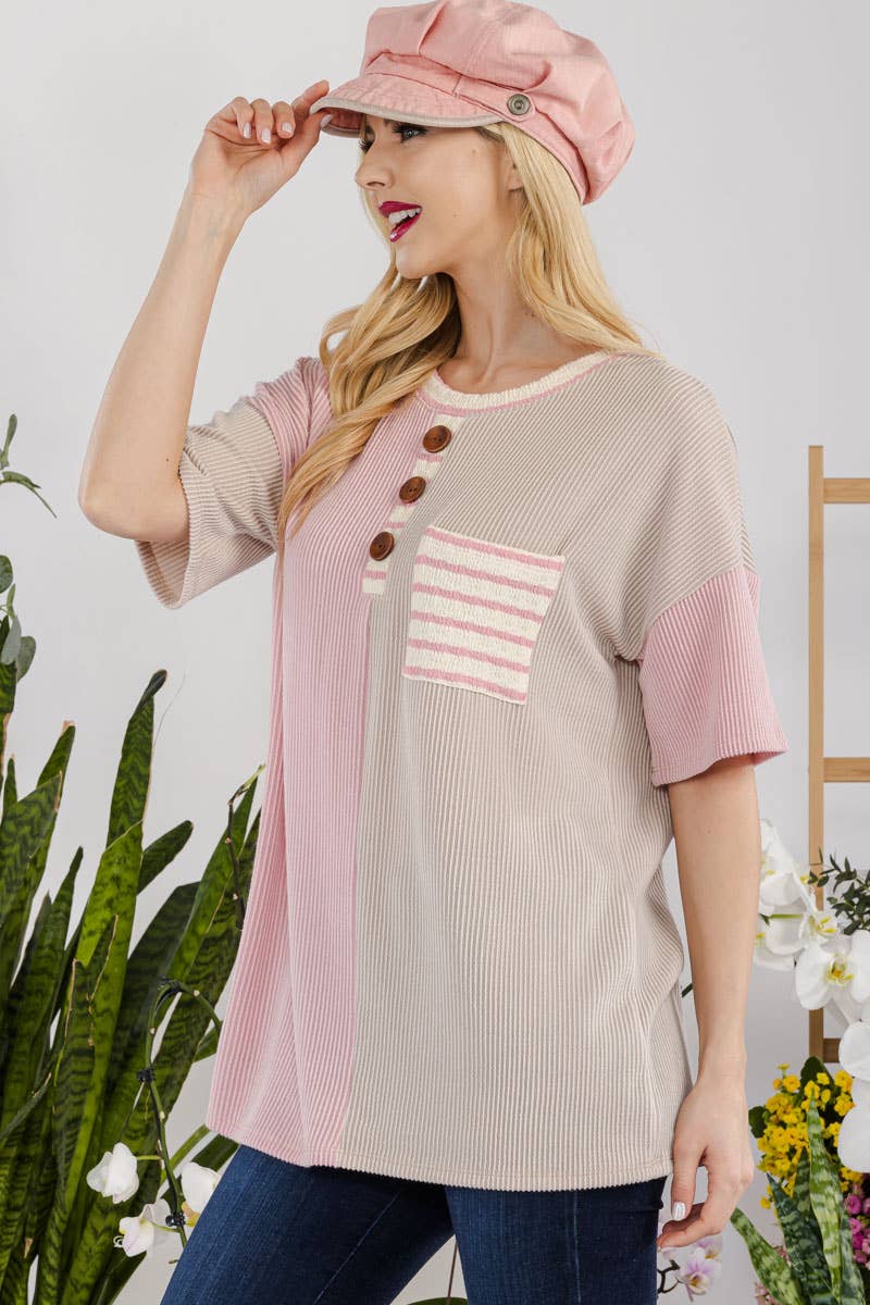 Celeste Clothing - Wholesale Tunic - Women's - URBAN RIB COLOR CONTRAST T-SHIRT WITH POCKET -CT43877A4