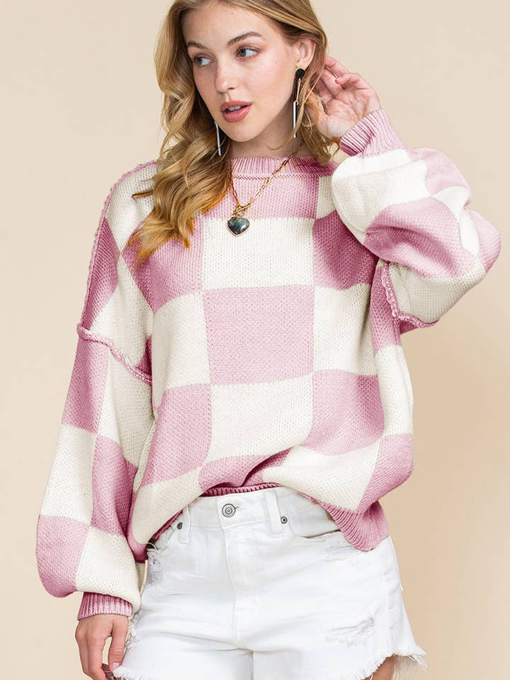 Roze trui met geruite bisschopmouwen voor wholesale door Kristine Leah