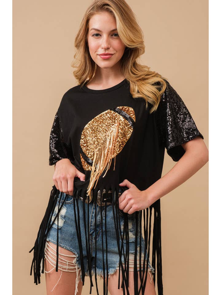Blue B - Wholesale T-shirt – women's - 34255T - Football Sequin Fringe Graphic Tee Top1