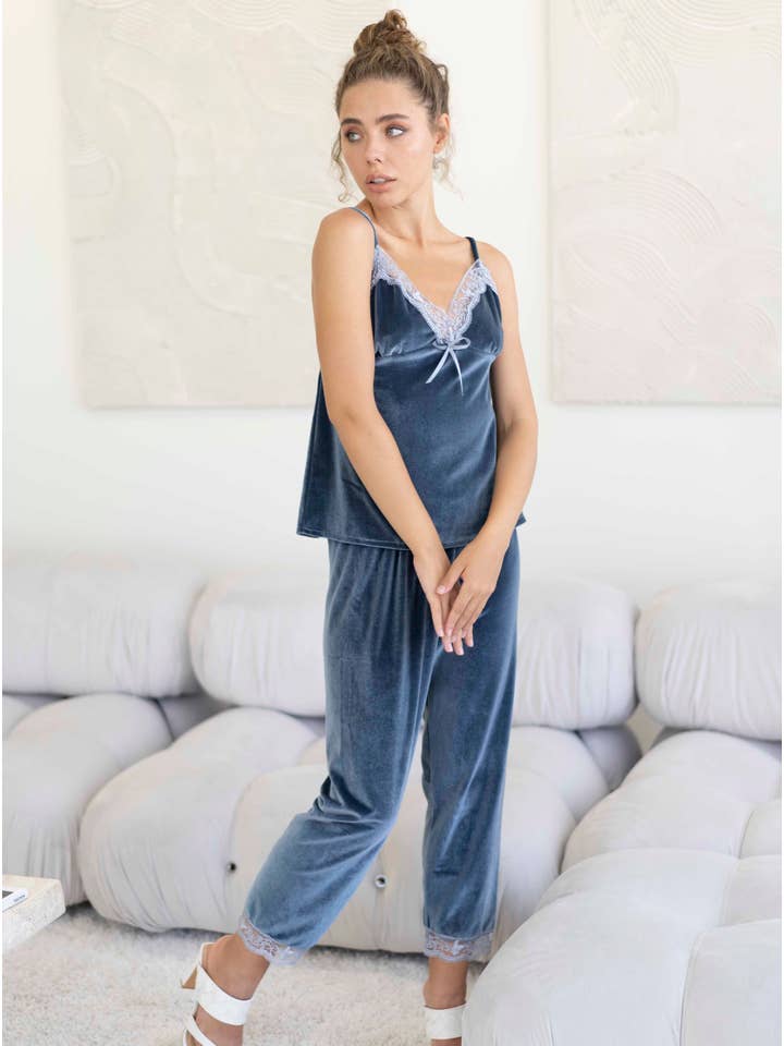 KAYAN.L - Wholesale Sleepwear Set - Women's - Blue-Grey Velvet Velour Dreamy Pajama Set