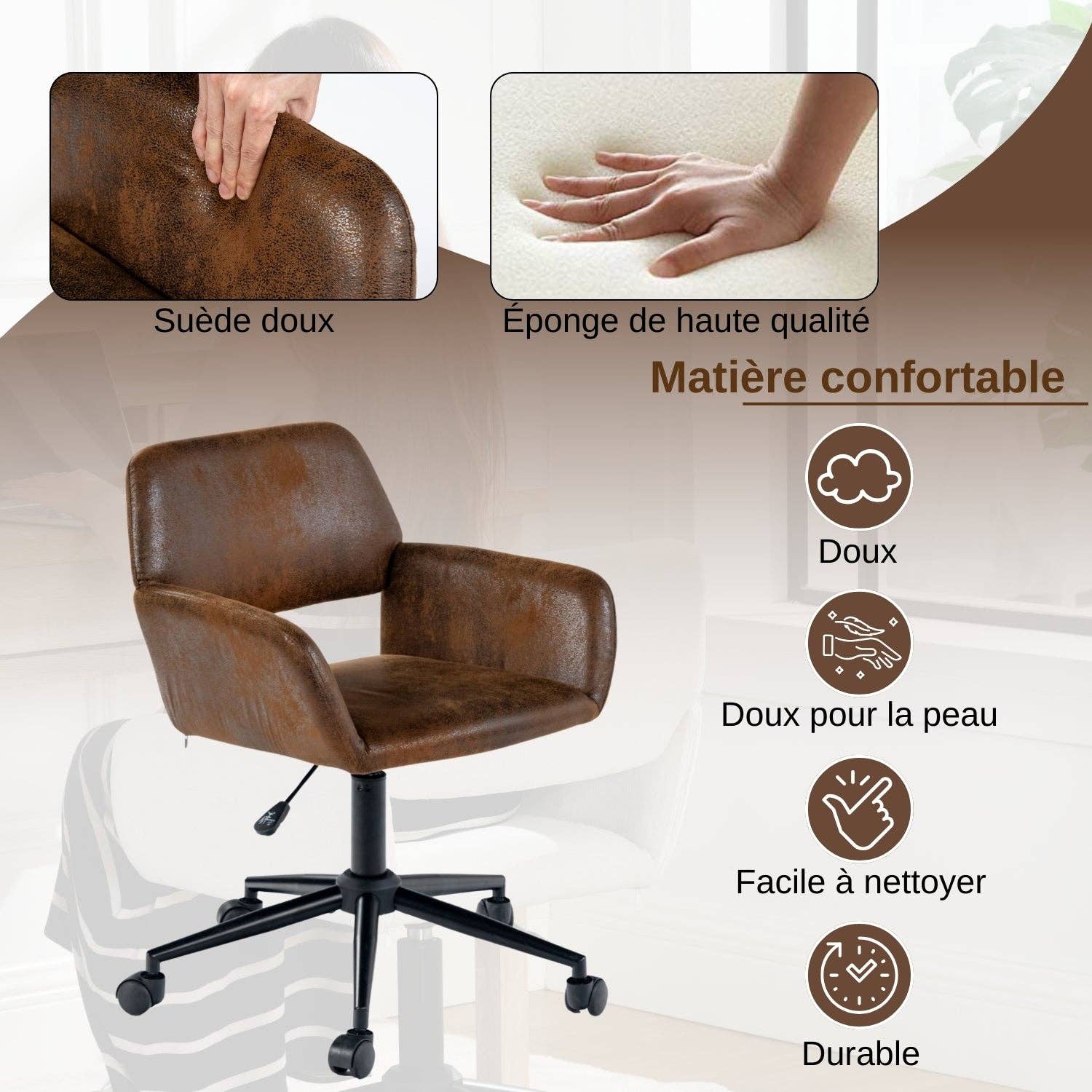 Urban Meuble - Wholesale Chair - Vintage office chair in suede fabric, swivel, height adjustable with 5 casters ROSS KD SUEDE BROWN BLACK12