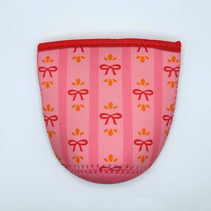 Sun and Mind Co. - Wholesale Drink Huggers & Koozies - Festive Bows and Stripes Pink Iced Coffee Drink Sleeve1