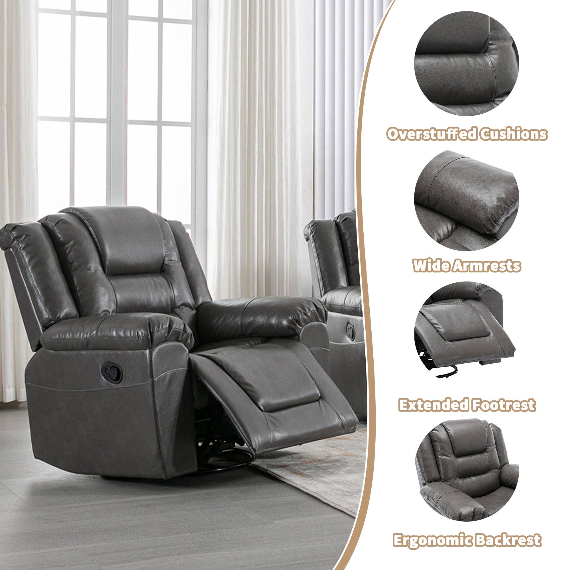 Orange County Decor - Wholesale Chair - 360 Swivel And Rocking Home Theater Recliner Manual Recliner Chair With Wide Armrest For Living Room,Bedroom, Grey Grey Foam Pu11