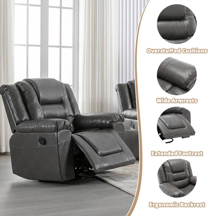 Orange County Decor - Wholesale Chair - 360 Swivel And Rocking Home Theater Recliner Manual Recliner Chair With Wide Armrest For Living Room,Bedroom, Grey Grey Foam Pu11