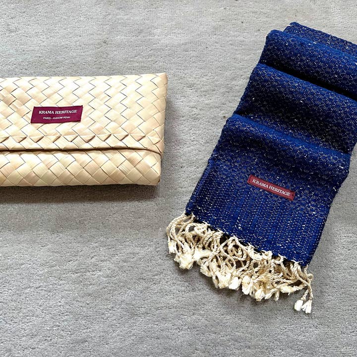 Krama Heritage - Wholesale Scarf - Women's - The Textured Royal Ocean Krama in its palm leaf case - Woman0