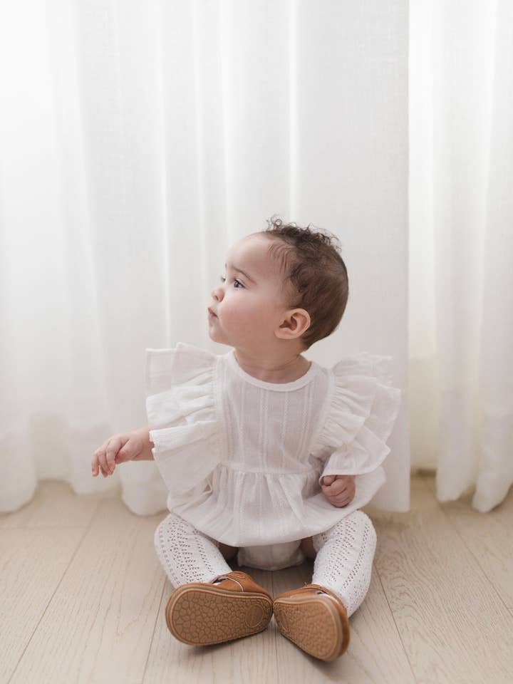Julia White Bubble Romper with bow and socks | 3pc set for wholesale by OLIVE & CRADLE