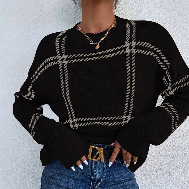 Anna Kaci Wholesale – wholesale Knitted jumper – Women′s – Plaid Pattern Crew Neck Long Sleeve Knit Sweater18