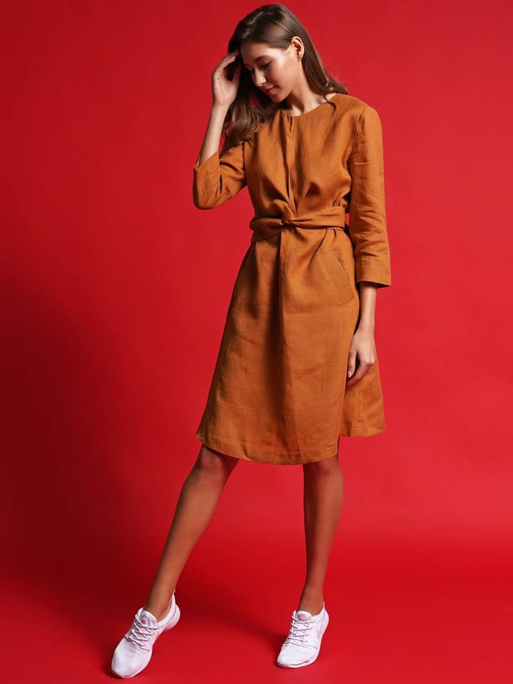 MERCES - Wholesale Dress - Women's - Yellow Linen Dress, Burnt Orange Linen Dresses4