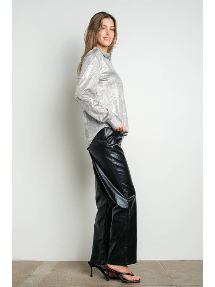 KIWI - Wholesale Button Down Shirt - Women's - IT3238 Metallic Foil Knit Button Up Long Sleeve Shirt17