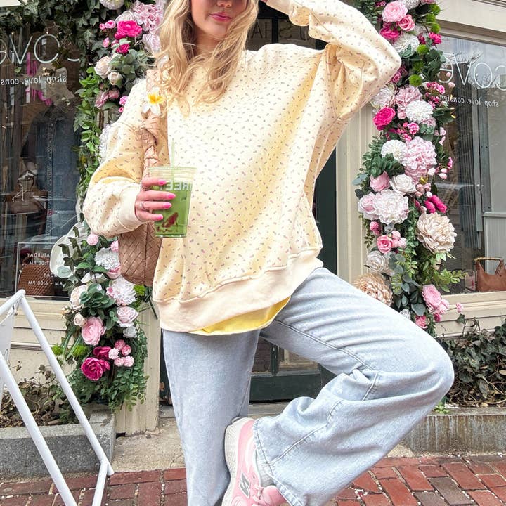 Yellow Vintage Floral print oversize boxy loose sweatshirt crewneck for wholesale on Faire2