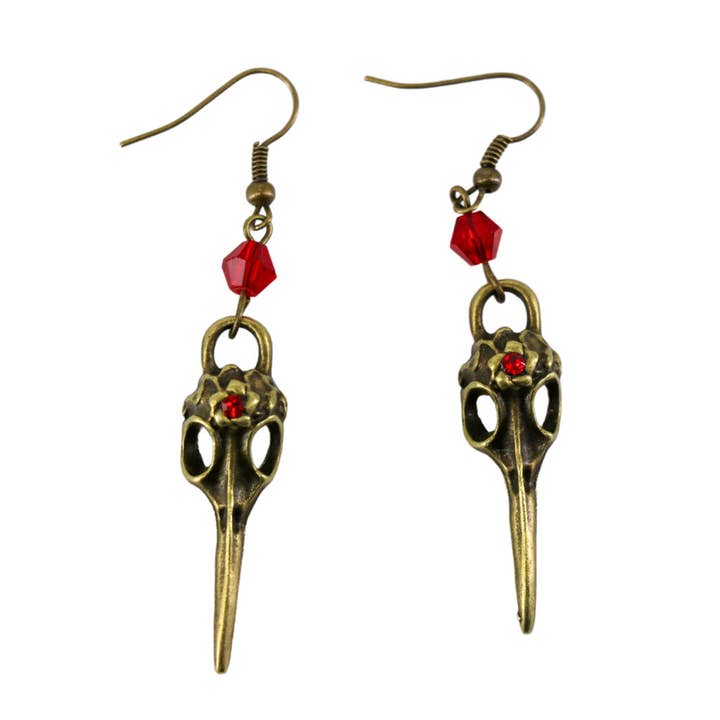68590 - brass steampunk bird skull earrings-red stone for wholesale by Western Fashion