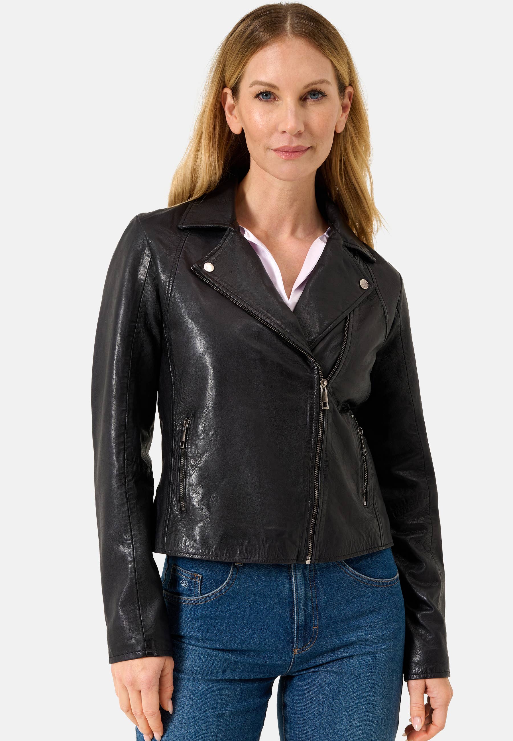 Ricano - Venta al por mayor Chaqueta de cuero - Mujer - Chaqueta biker de cuero de cordero para mujer Antonia con cuello de solapa5
