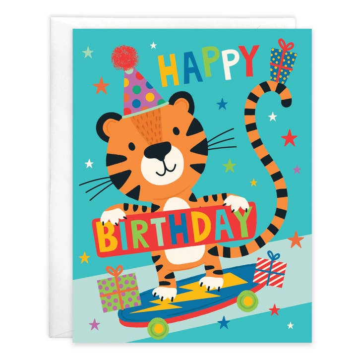 GINA B DESIGNS - Vendita all'ingrosso Biglietti di auguri - Biglietto di Auguri di Compleanno - Bambini - Tigre sullo Skateboard
