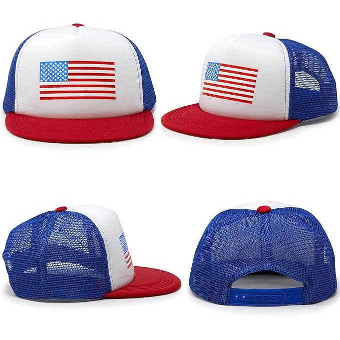 Funky Junque - Wholesale Kids Hat - Kids - Flat Brim Trucker Hat - American Flag - Red/White/Blue