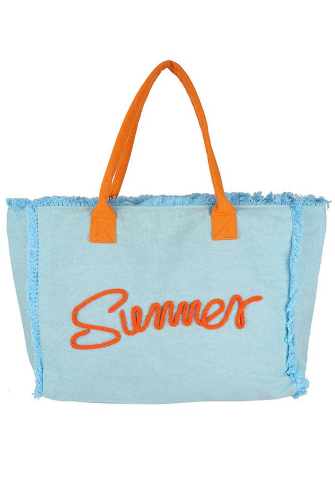 Hana – Saco de praia por atacado – Bolsa de lona amarela com franjas, corda costurada e palavra 'Summer'0