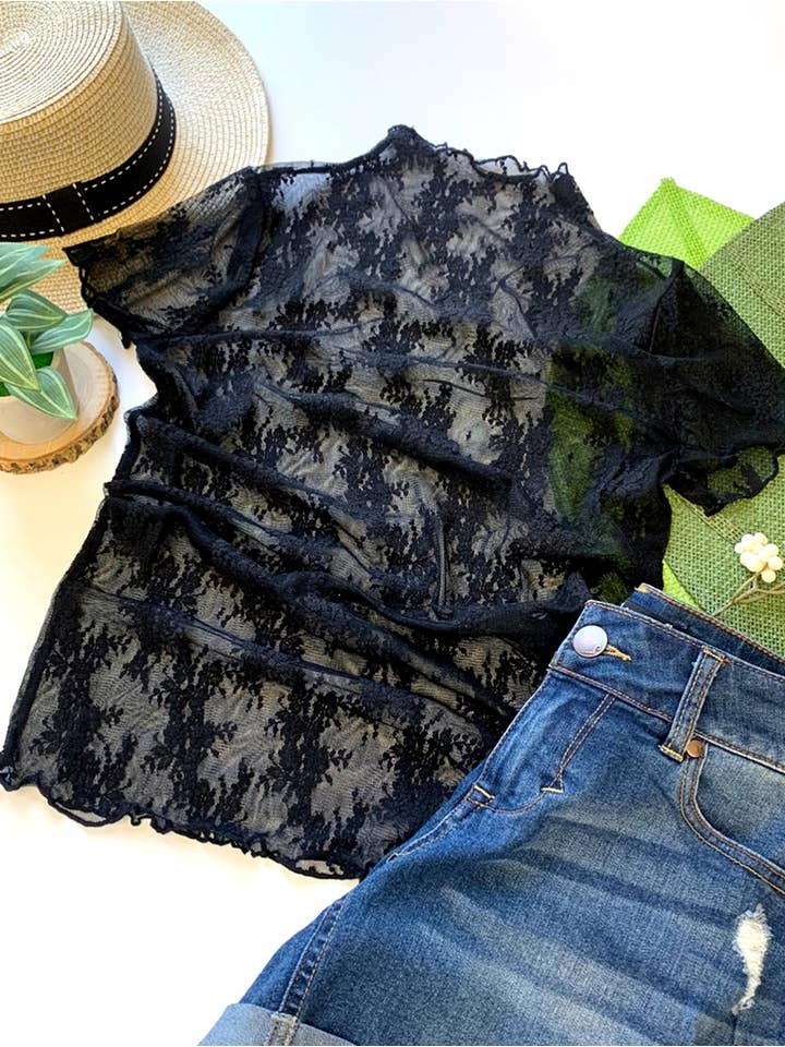 42POPS - Wholesale Knit Top - Women's - ,...SI-25281 Lace See Through Layering Short Sleeve Top